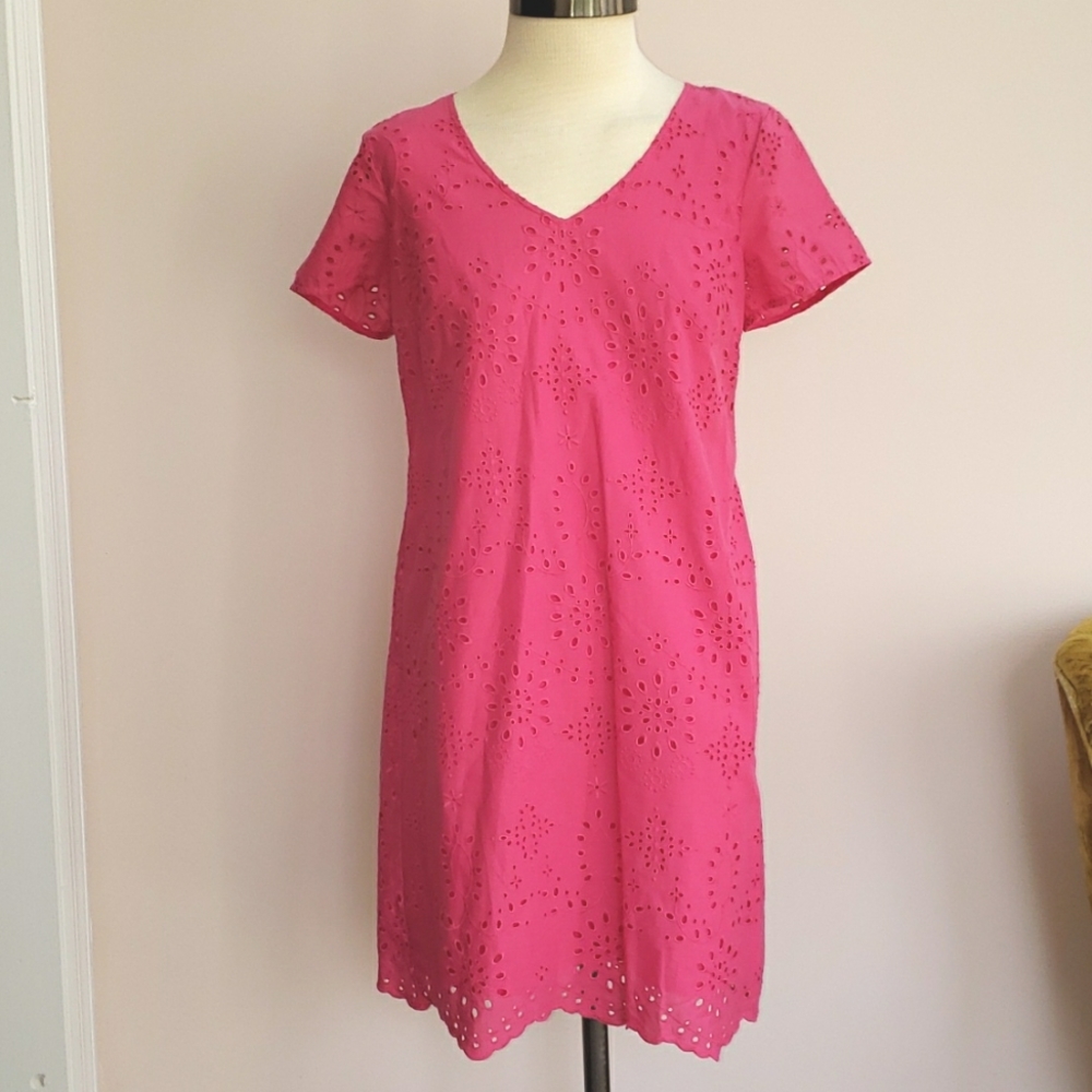 Talbots Bright Pink Eyelet Lace Cotton Short Sleeve Dress, Size 4 Petite